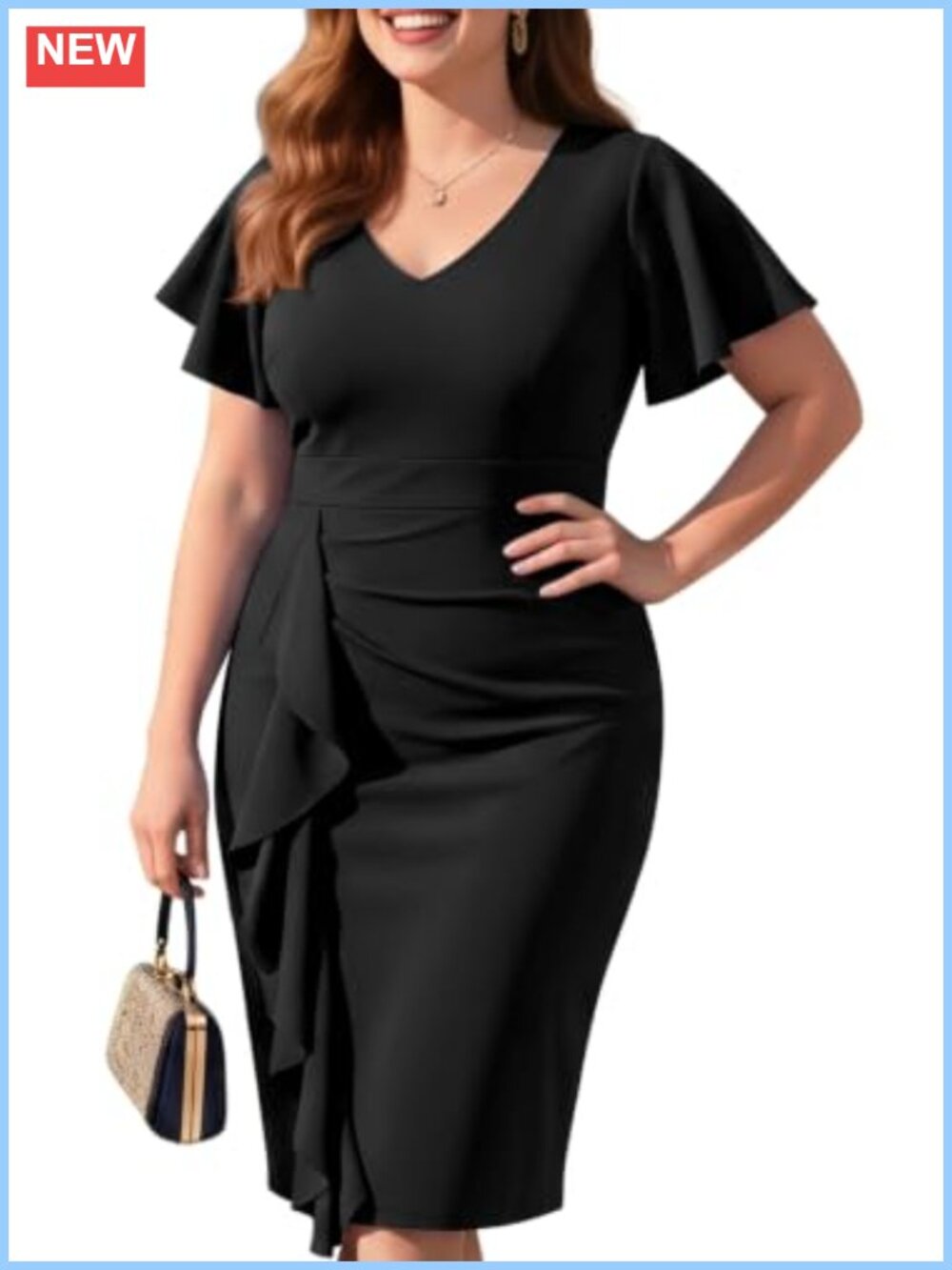 Plus Size Pencil Dress V-Neck Ruffle Sleeve Knee Length Cocktail Work Bodycon